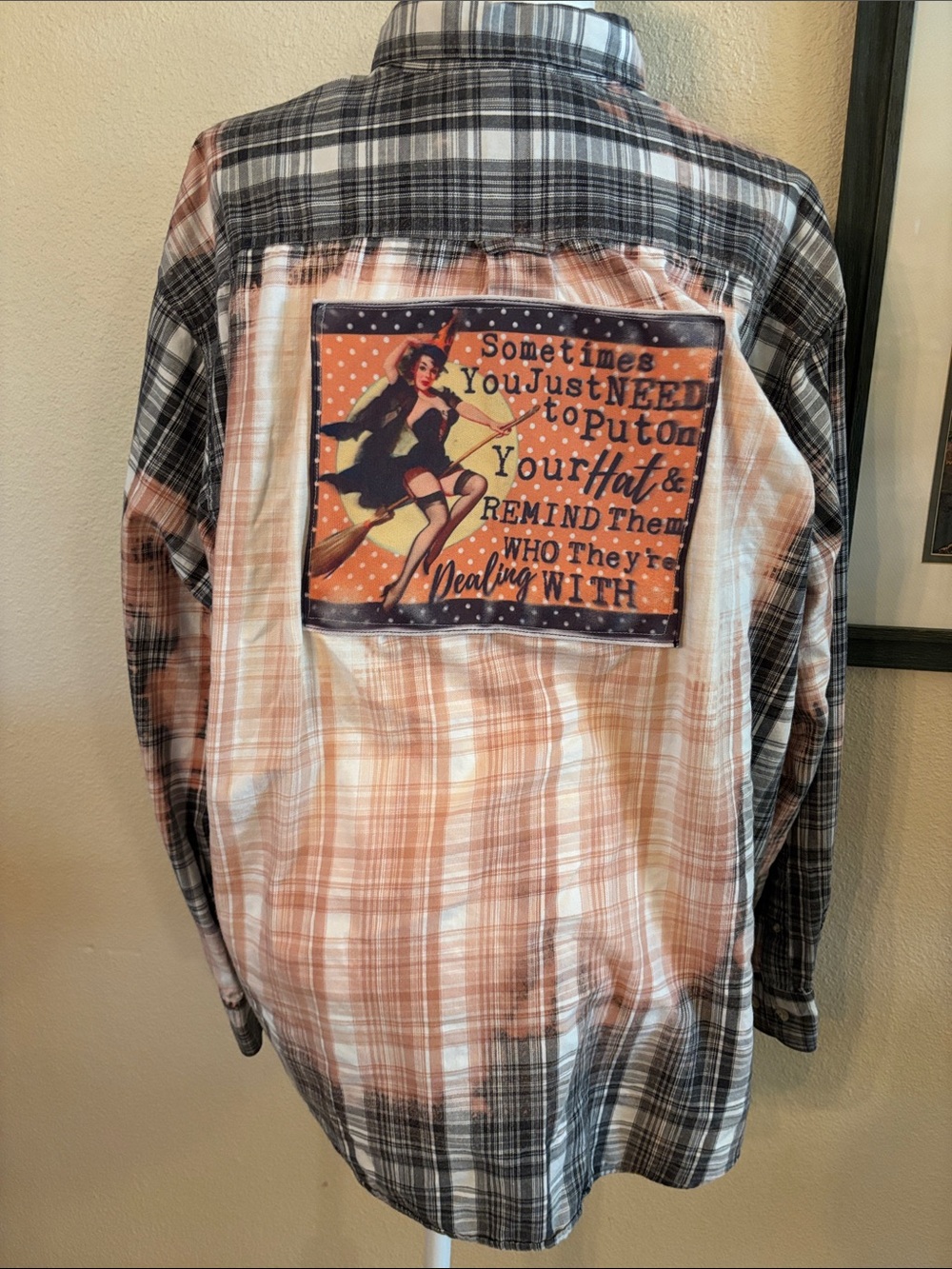 Plaid Button-Down Shirt with Retro Pin Up Witch Patch Back